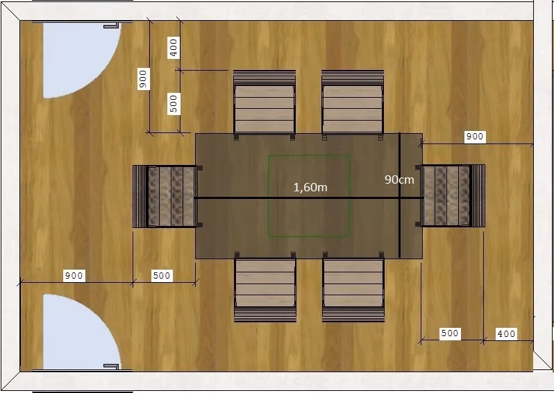 Esquema de sala de jantar com circulação mínima entre ambientes