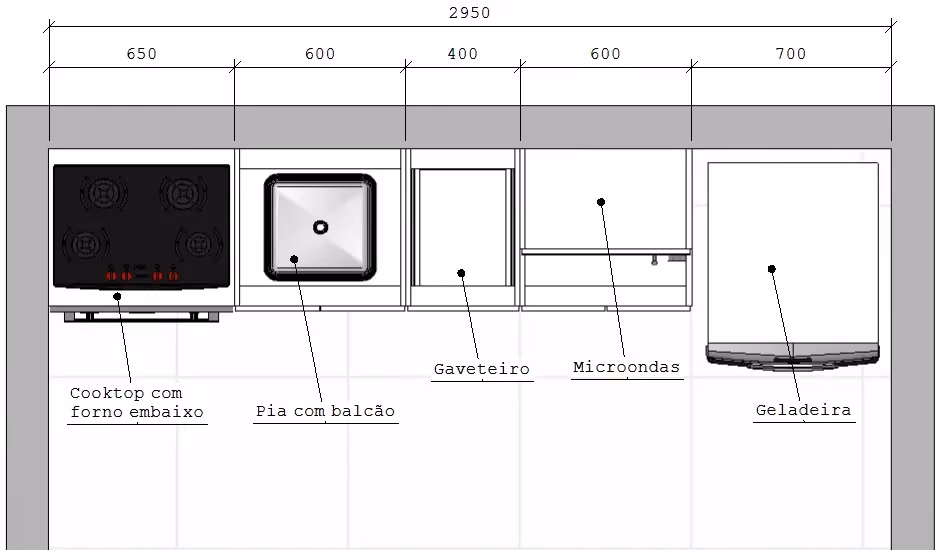 Medidas de referência para armários, pia e gaveteiro em cozinha compacta
