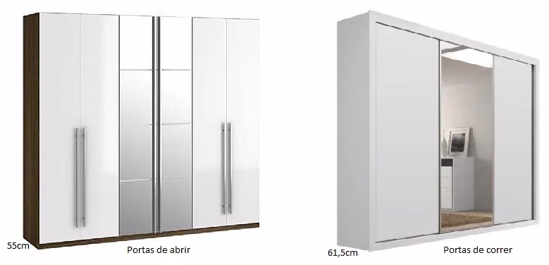 Esquema de profundidade para guarda-roupa com portas de abrir e de correr